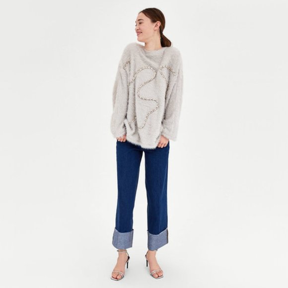EUC Zara beige fuzzy feel metallic thread rope trim sweater